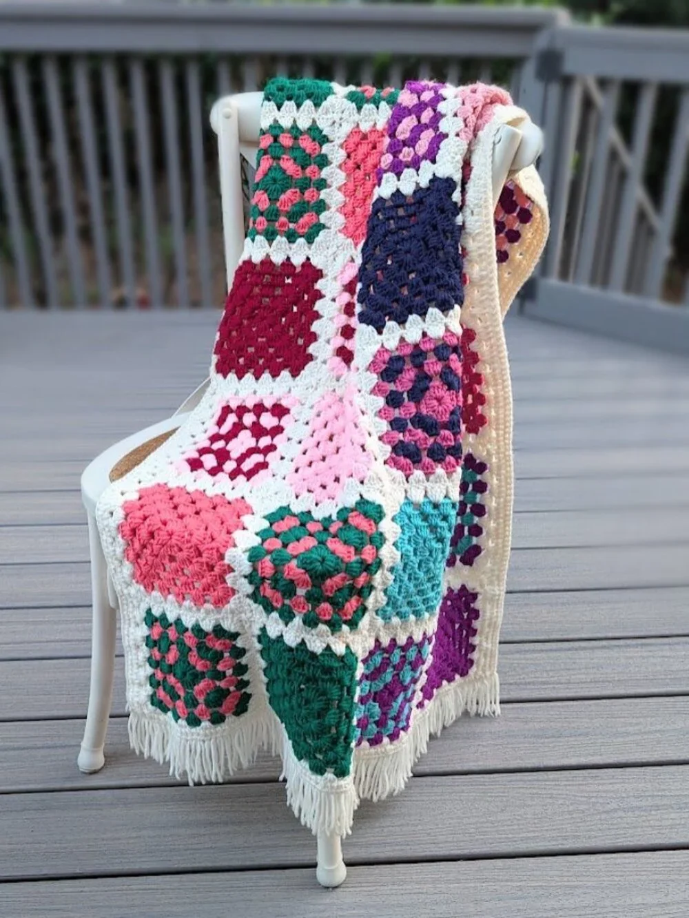 Handmade Crochet Granny Square Afghan Blanket Throw with Fringe 56